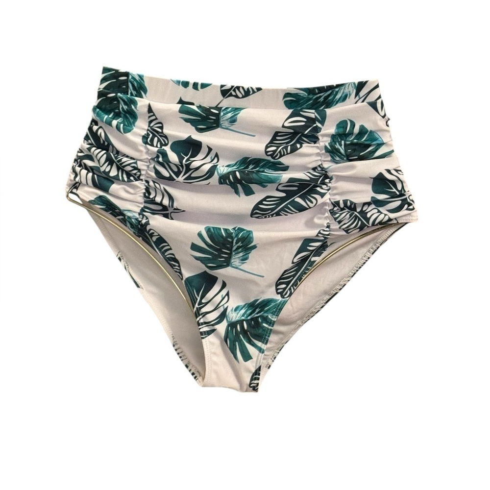 Avidlove Leaf Print High-Waisted Bikini Bottom in Green and White NWOT